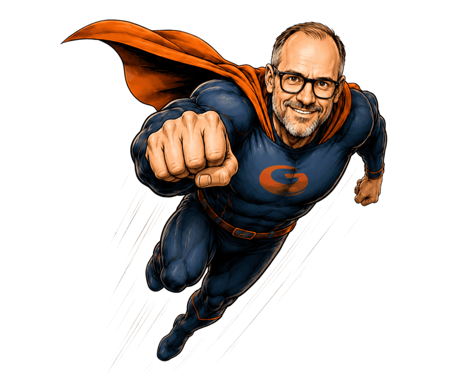 Markus Gemeinder als gezeichneter Business Hero im Flug