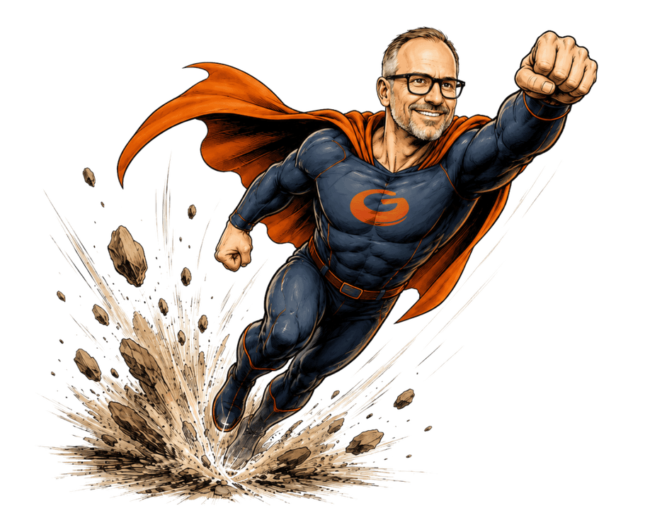 Markus Gemeinder als gezeichneter Business Hero beim Abheben